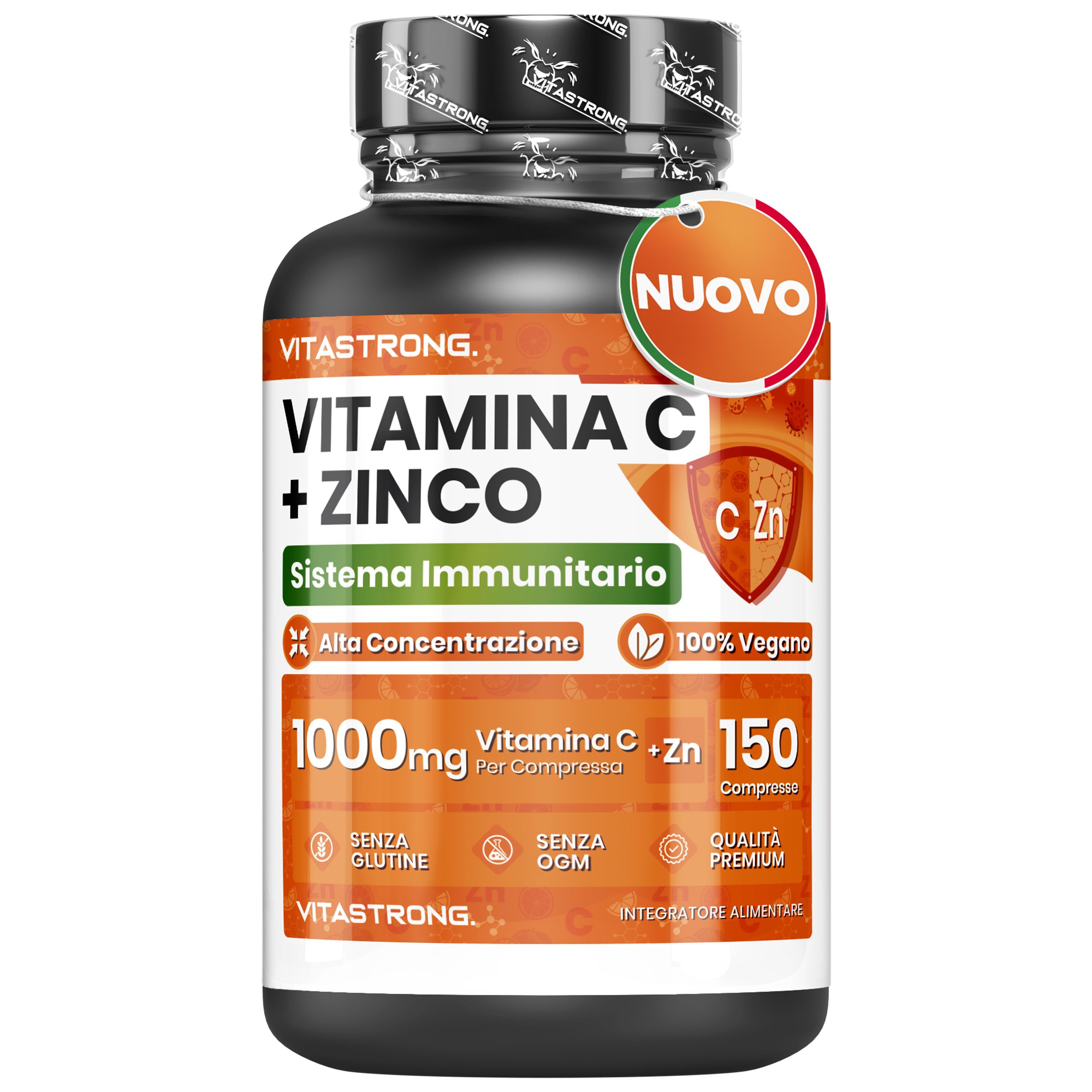 Vitastrong Vitamine C + Zinc, 150 comprimés. Flacon noir, étiquette orange. Contient 1000mg de vitamine C et zinc.
