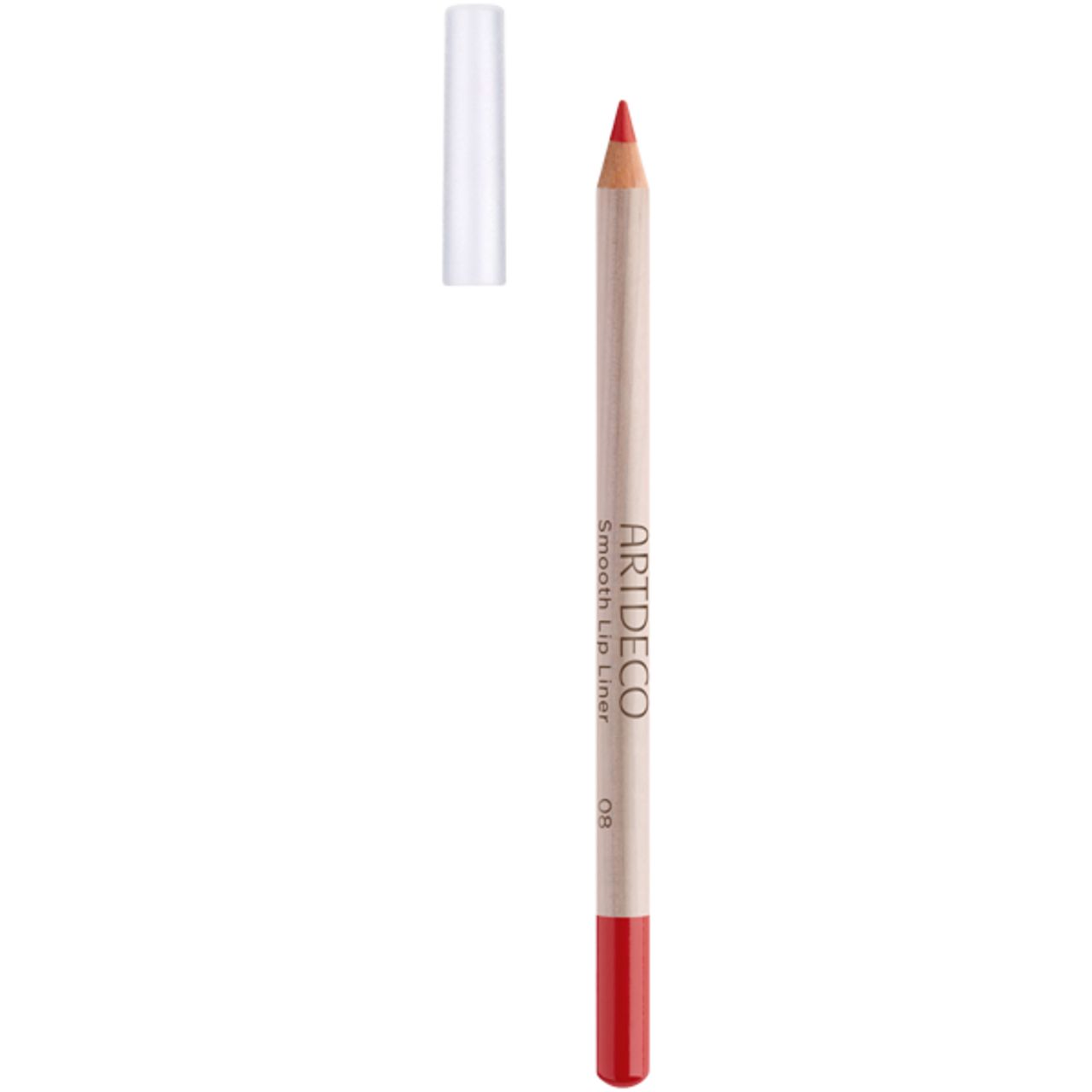 Artdeco Smooth Lip Liner, rood. Houten potlood met rode punt en transparante dop. Productnaam zichtbaar.
