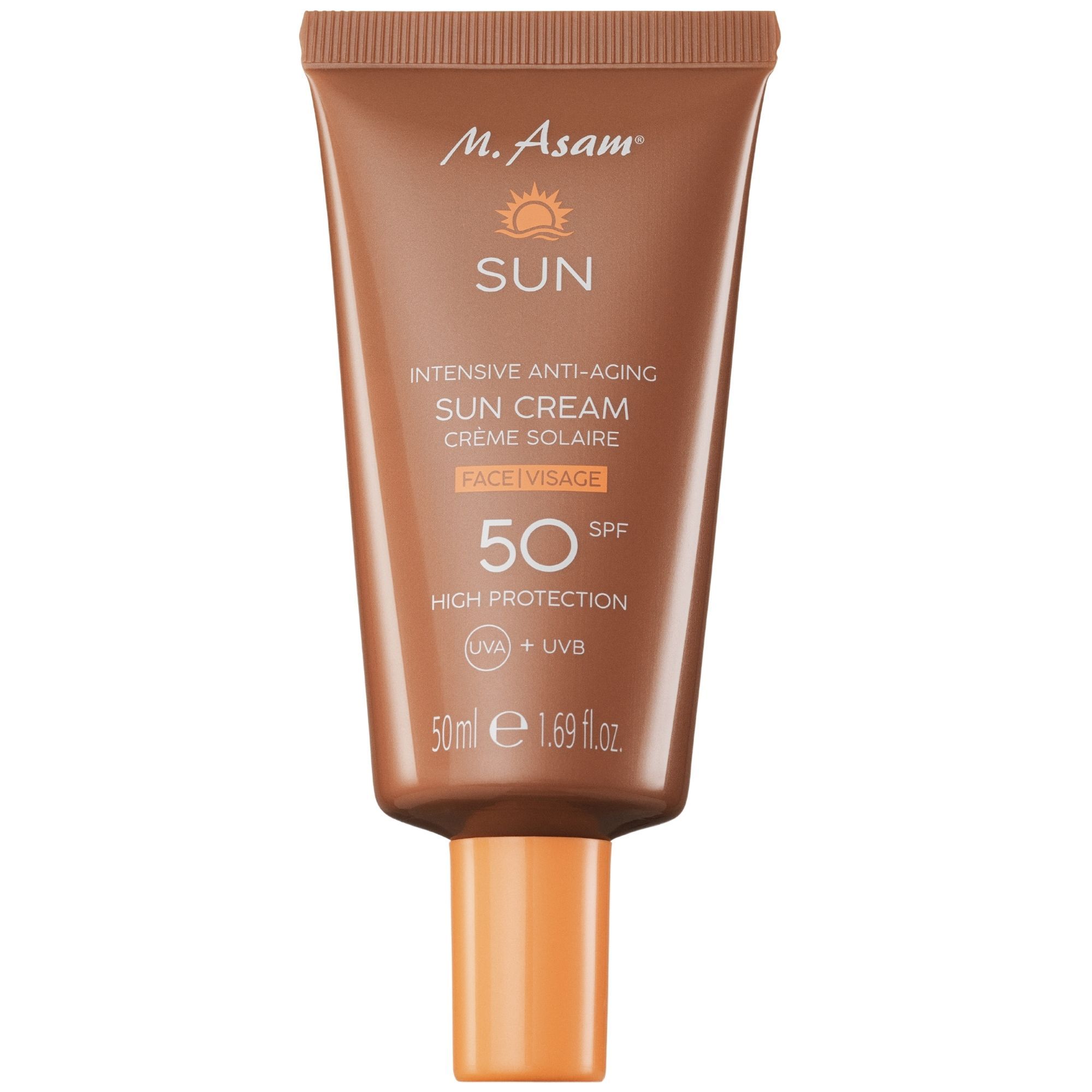 Tube de crème solaire marron. Inscription : M. Asam SUN, Intensive Anti-Aging Sun Cream, SPF 50. 50ml.
