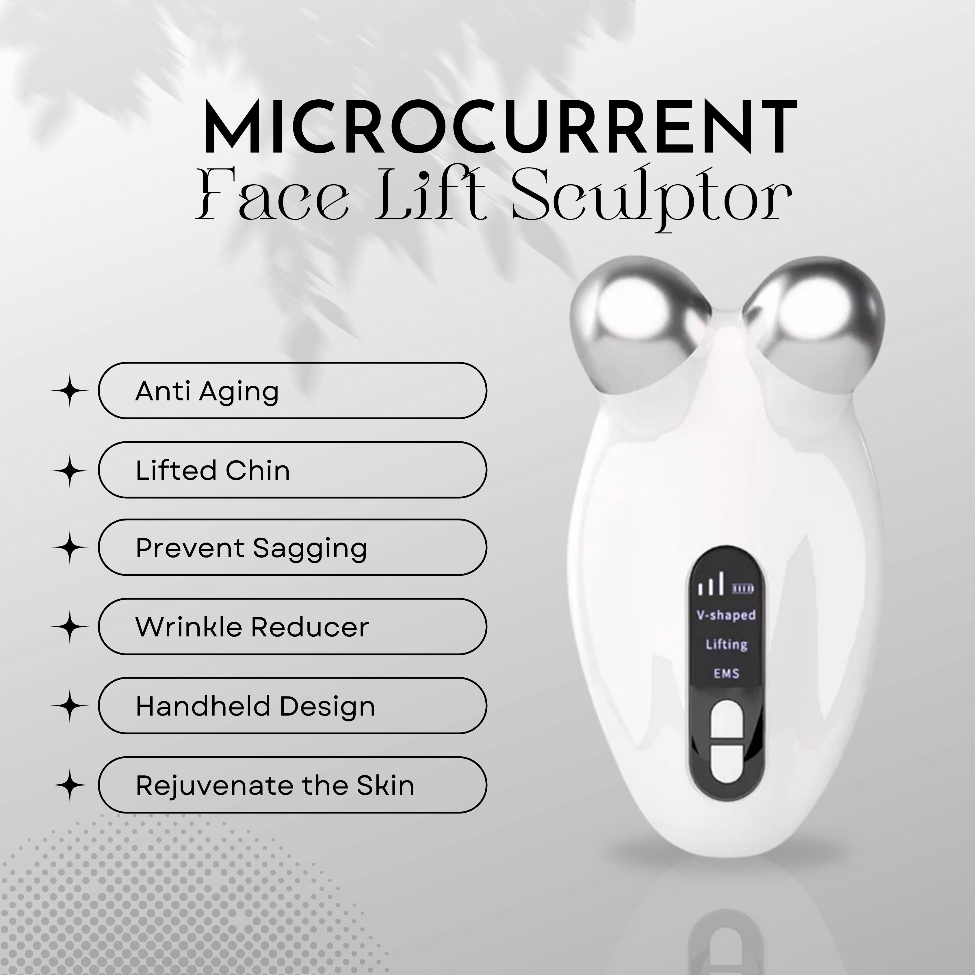 Microstroom gezichtslifting sculptor met lijst van voordelen zoals anti-aging en rimpelvermindering.