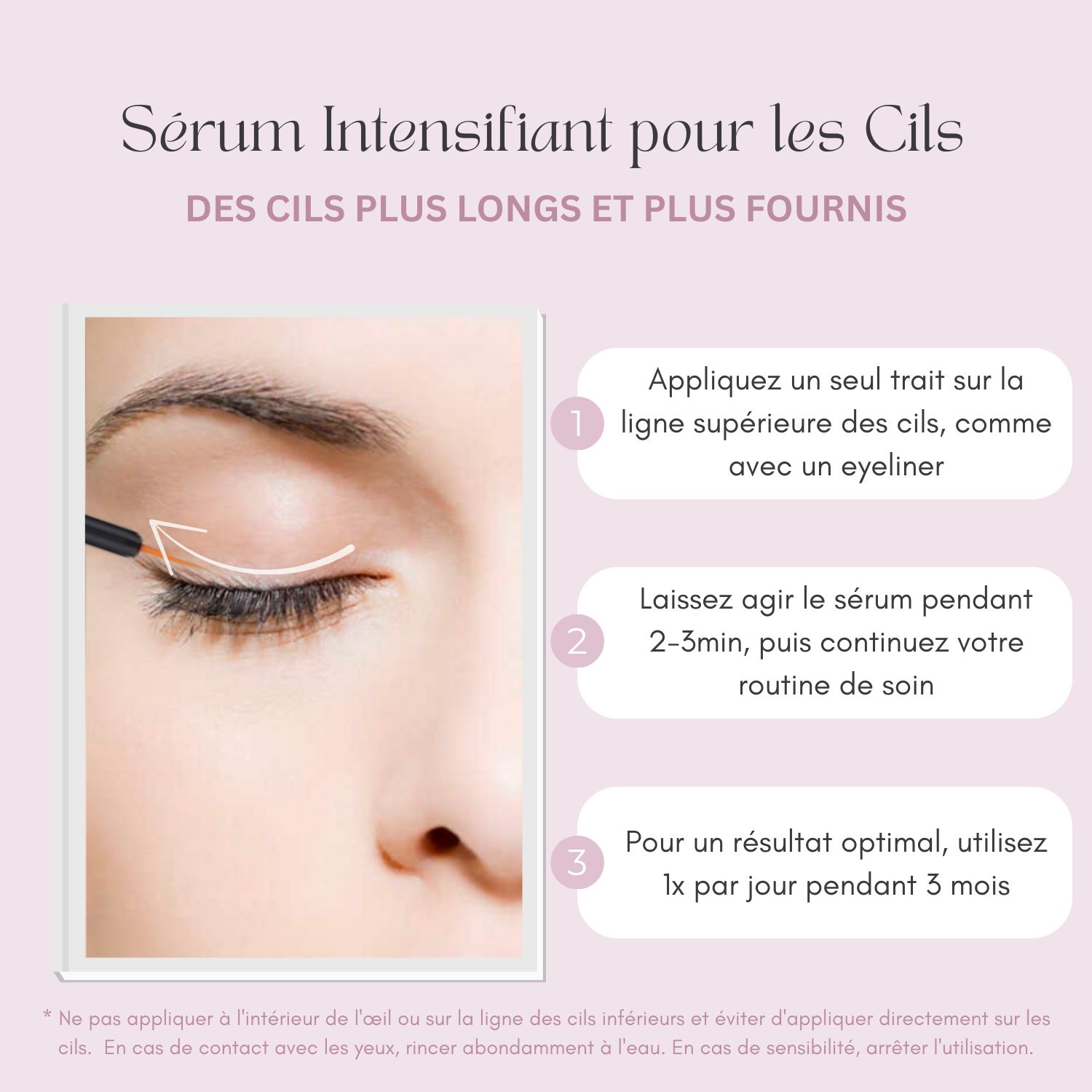Sérum pour cils BEAUTICAL. Flacon noir avec applicateur. Bouchon argenté. Avantages.