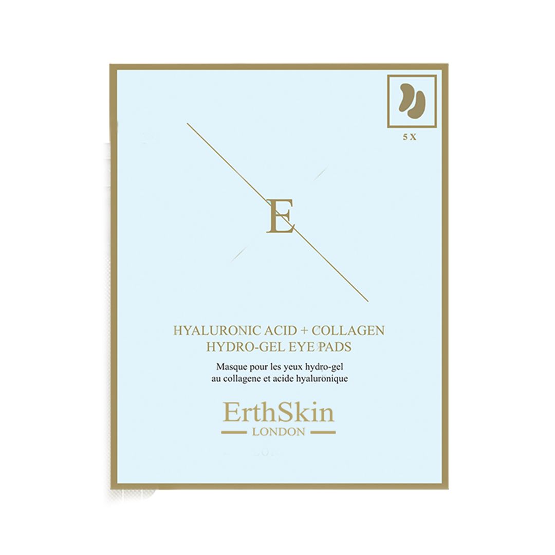 Boîte bleu clair avec informations produit et logo. Inscription: Acide hyaluronique + collagène Hydrogel eye pads. Marque: ErthSkin London.