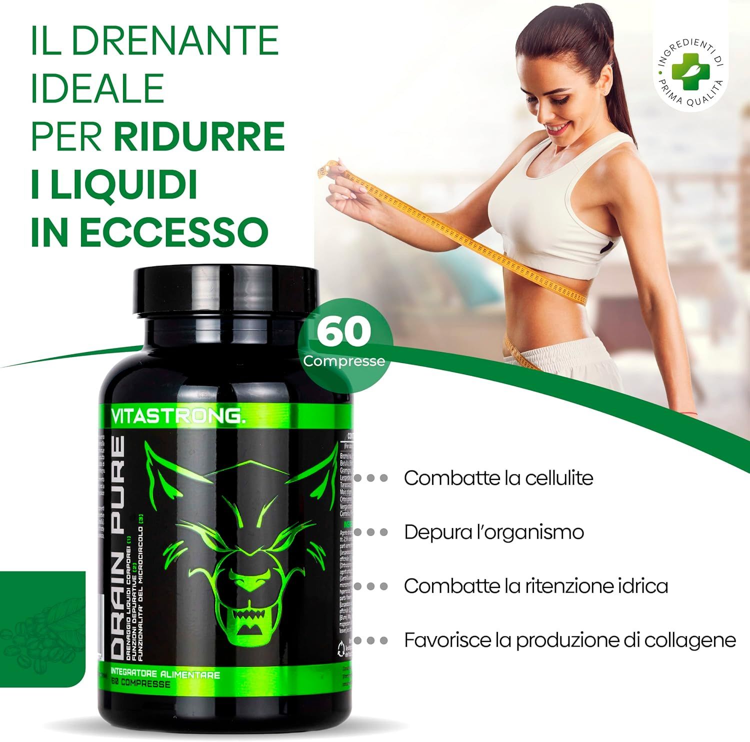 Vitastrong Drainpure, 60 tabletten. Zwarte fles met groen etiket. Wolf-logo. Opschrift: Drain Pure. 5 redenen.