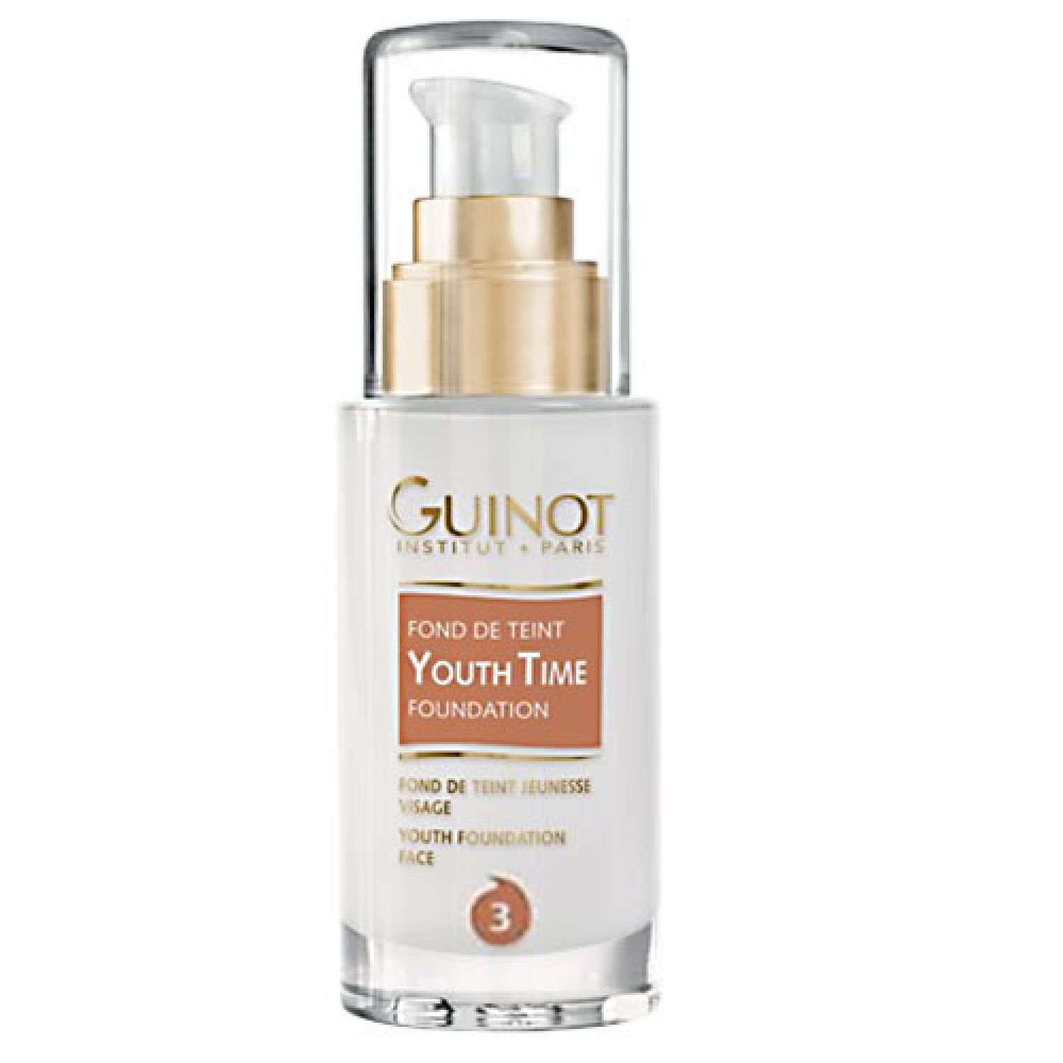 Fond de teint Youth Time Guinot, flacon pompe. Teinte n°3. Inscriptions sur le produit.