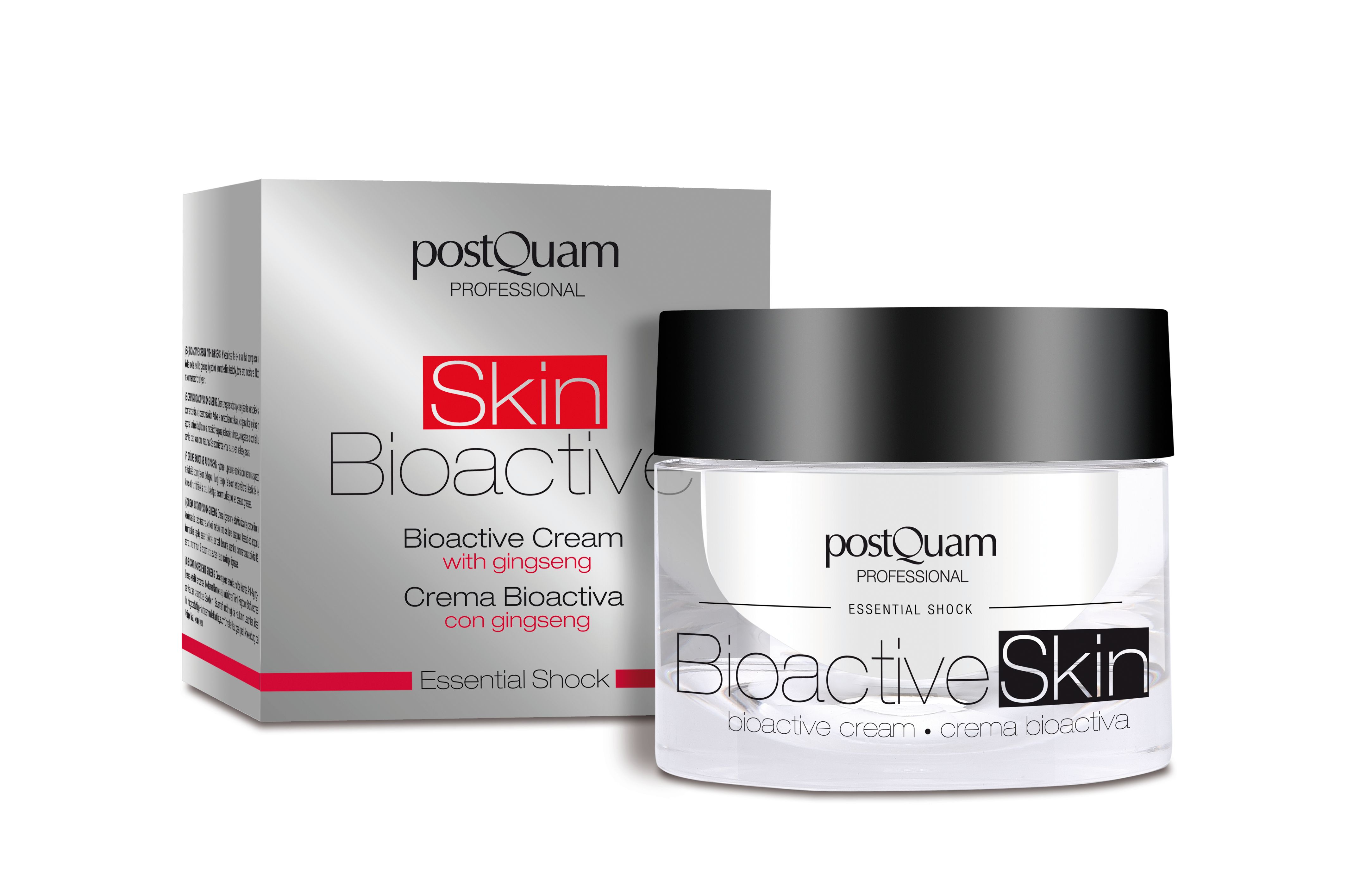 Pot de crème avec couvercle noir et emballage du produit à côté. "Bioactive Skin" est écrit sur le pot.