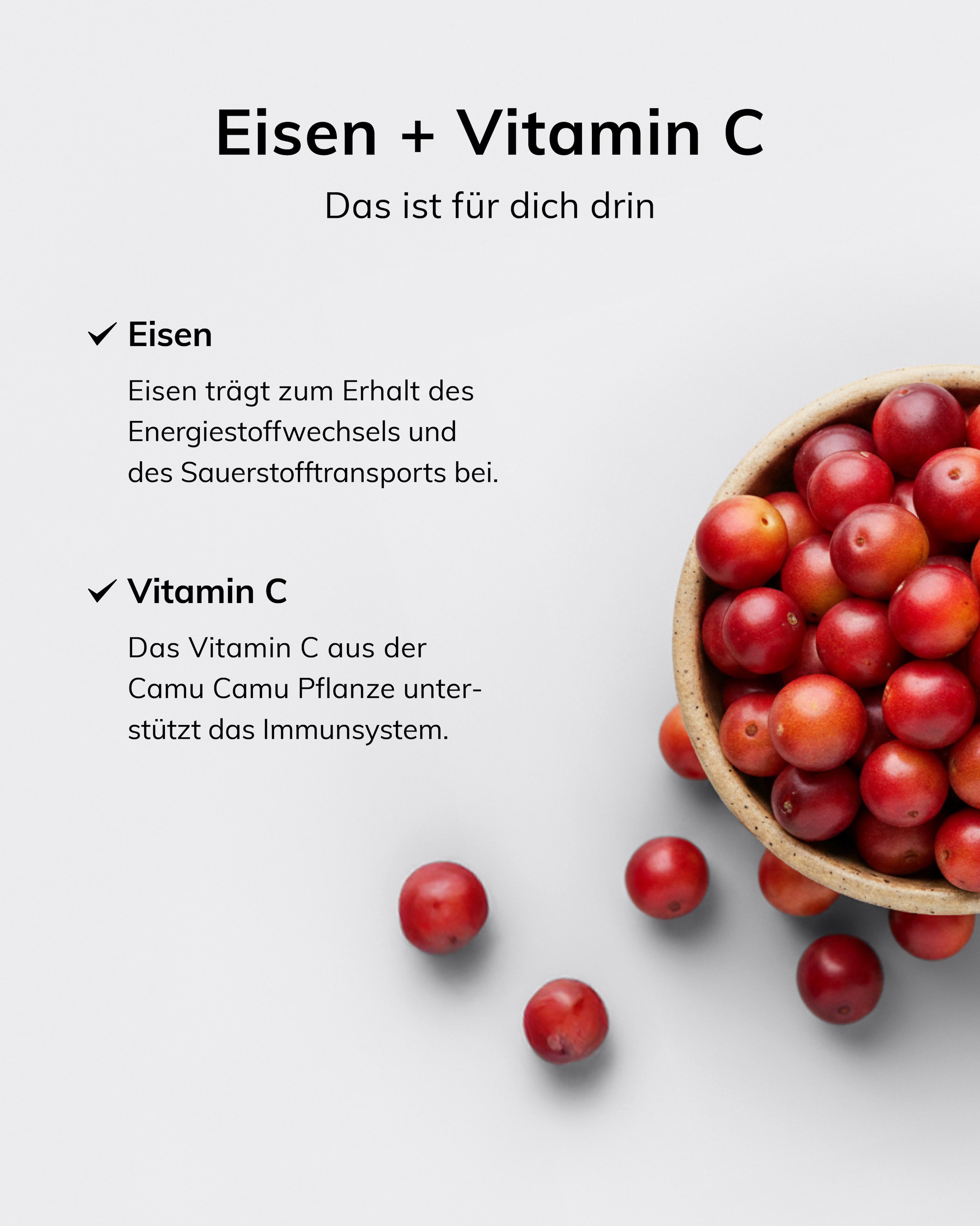 Kom met rode vruchten. Tekst: IJzer en Vitamine C. IJzer draagt bij aan zuurstoftransport. Vitamine C ondersteunt het immuunsysteem.