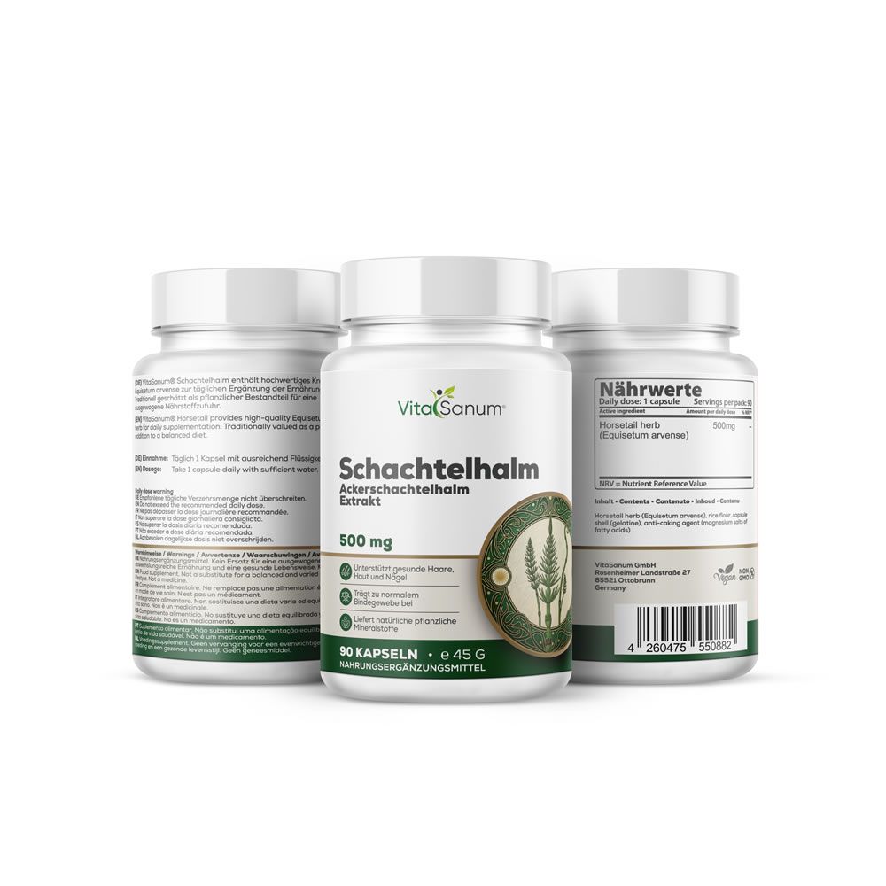 Drie witte flessen met schroefdop. Etiketten met productnaam, logo en informatie. 90 capsules, 45 g.