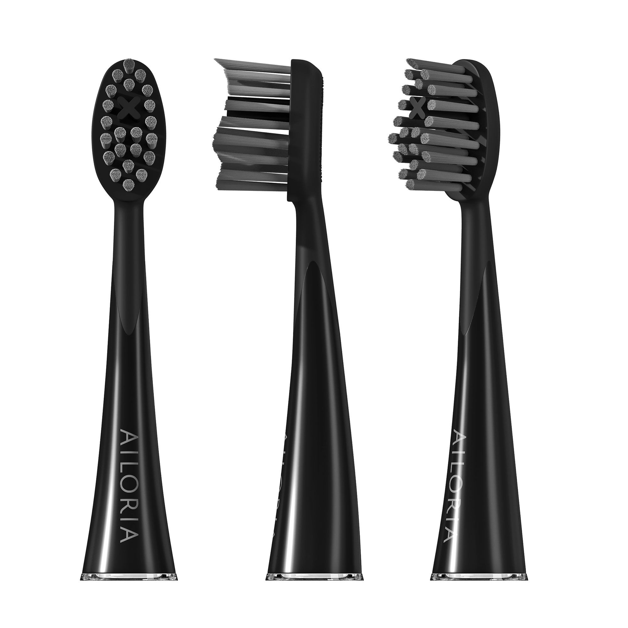 Drie zwarte tandenborstelkoppen in verschillende aanzichten. AILORIA-logo zichtbaar.