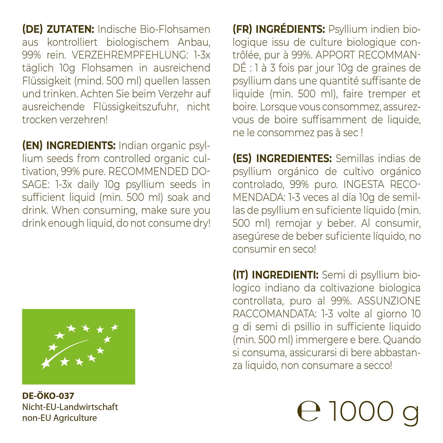 Tekstvak met informatie over biologische psylliumzaden. Bevat informatie in het Duits, Engels, Frans en Italiaans. Bio-keurmerk.