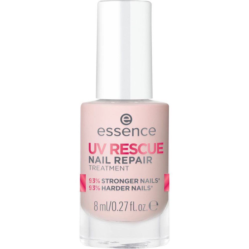 Essence UV Rescue Nagelreparatieverzorging in een lichtroze flesje met witte dop. 8ml.