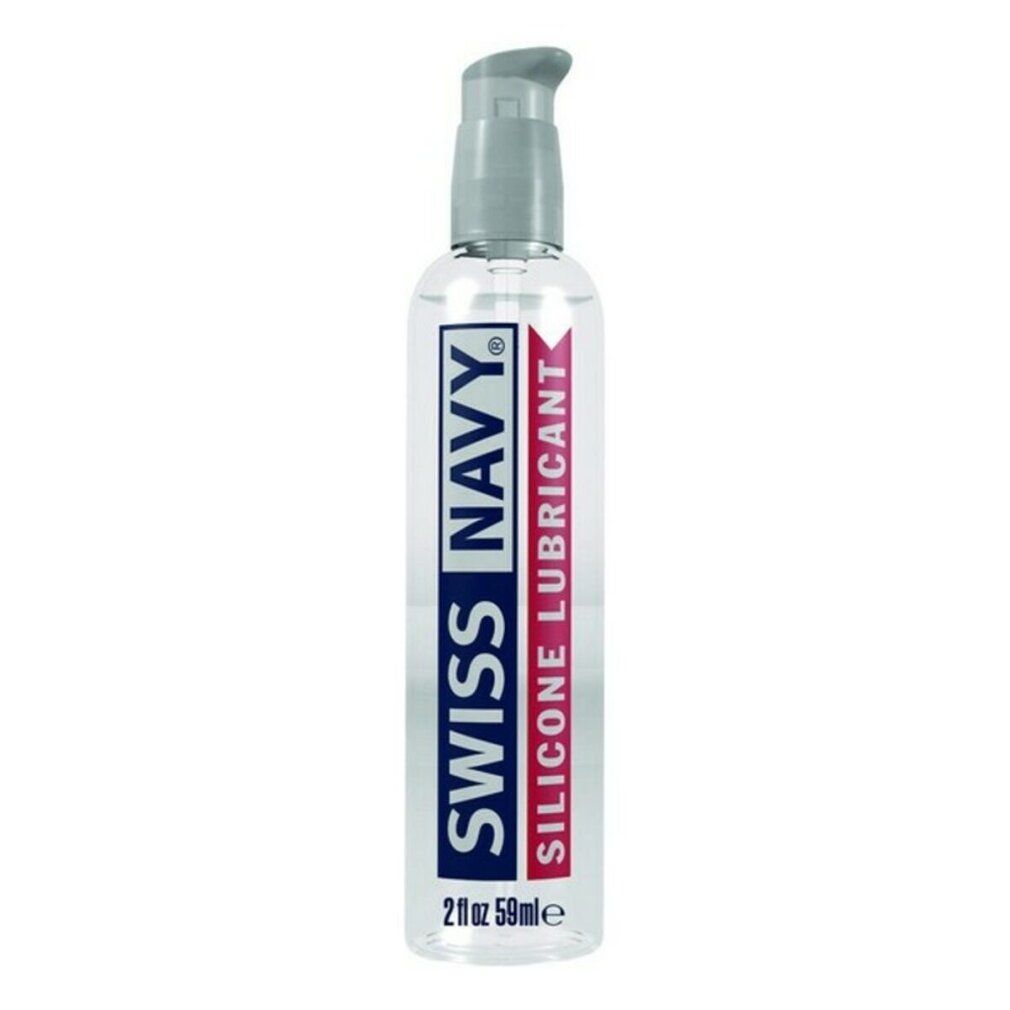 Transparante fles met doseerpomp. Opschrift: SWISS NAVY SILICONE LUBRICANT. Inhoud: 2 fl oz 59ml.
