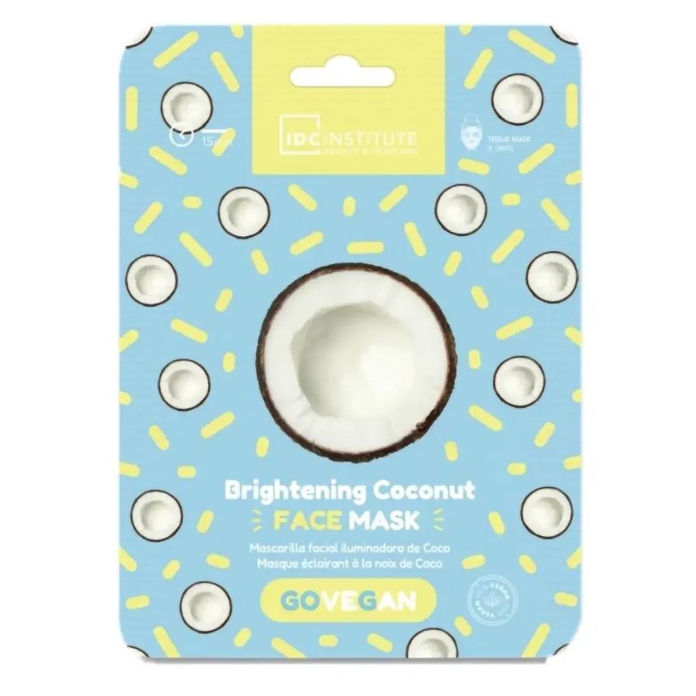Masque facial au lait de coco dans son emballage. Fond bleu clair avec motifs noix de coco. Logo, nom du produit et GO VEGAN visibles.