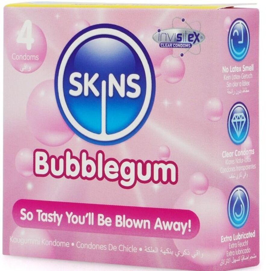Boîte rose SKINS Bubblegum. Contient 4 préservatifs. Texte: So Tasty You'll Be Blown Away!