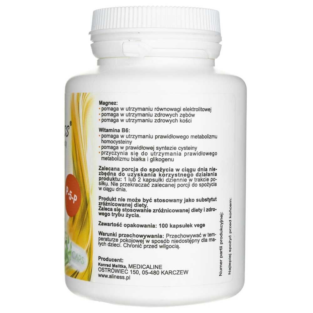 Arrière de la boîte Aliness Magnesiumcitrat 125 mg avec B6 (P-5-P) avec informations produit et détails du fabricant.