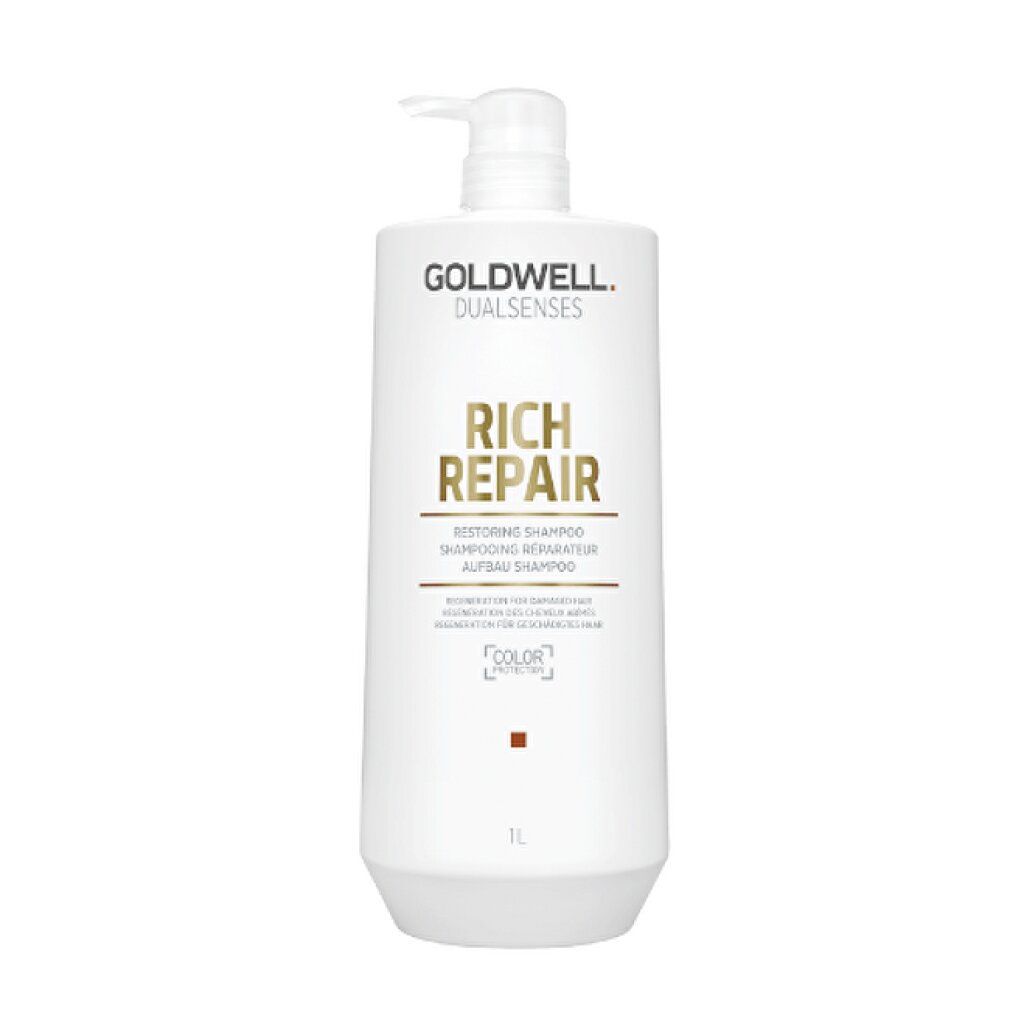Witte shampoo fles met pomp. Opschrift: GOLDWELL, DUALSENSES, RICH REPAIR. Tekst: Restoring Shampoo. 1L.