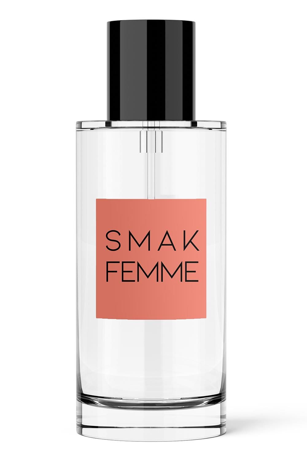 Flacon transparent avec bouchon noir. Étiquette "SMAK FEMME".
