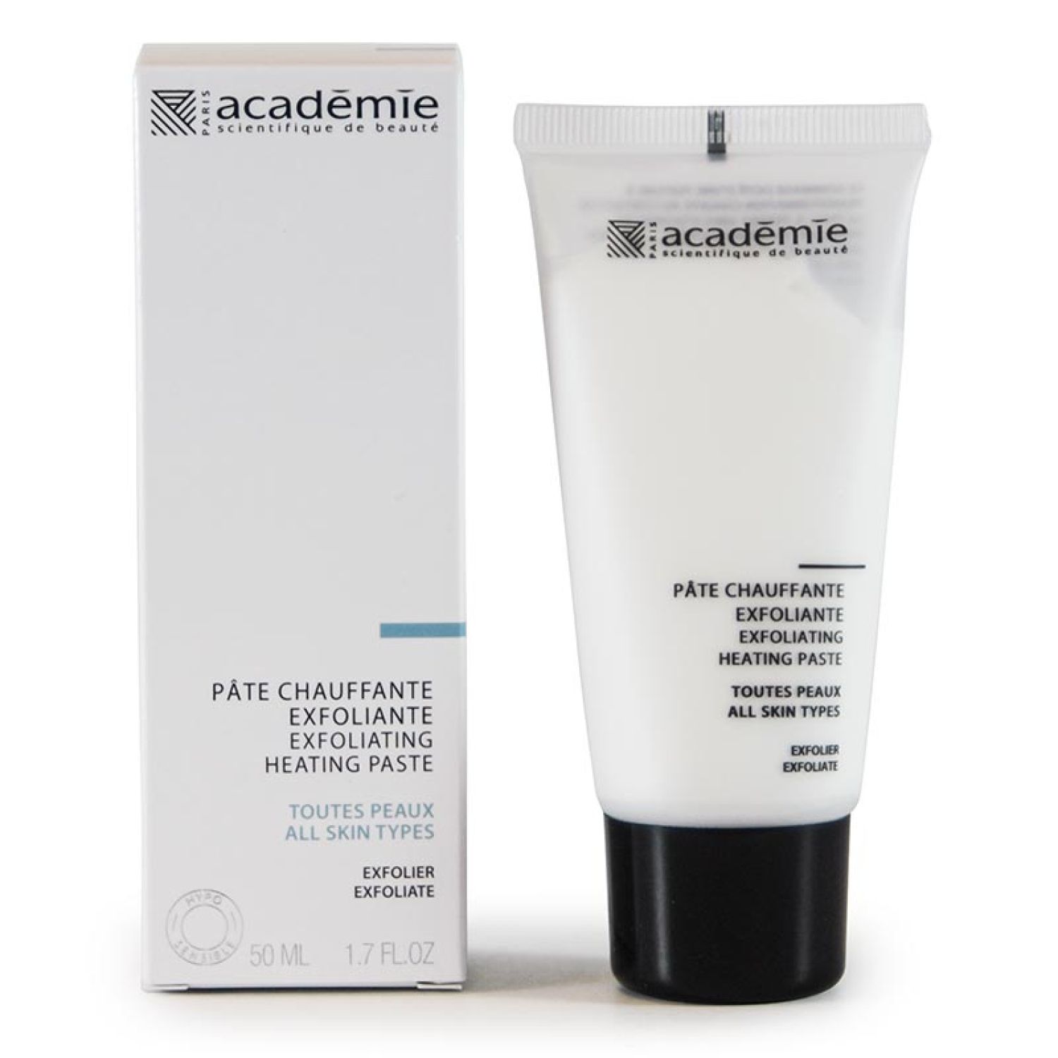 Witte tube en doos met producttekst. Académie, Pâte Chauffante Exfoliante, voor alle huidtypen. Zwarte sluiting.