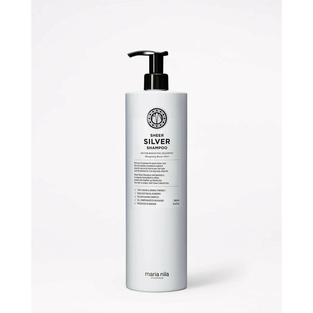 Flacon pompe blanc avec Maria Nila Sheer Silver Shampoo. Liste des avantages et ingrédients.