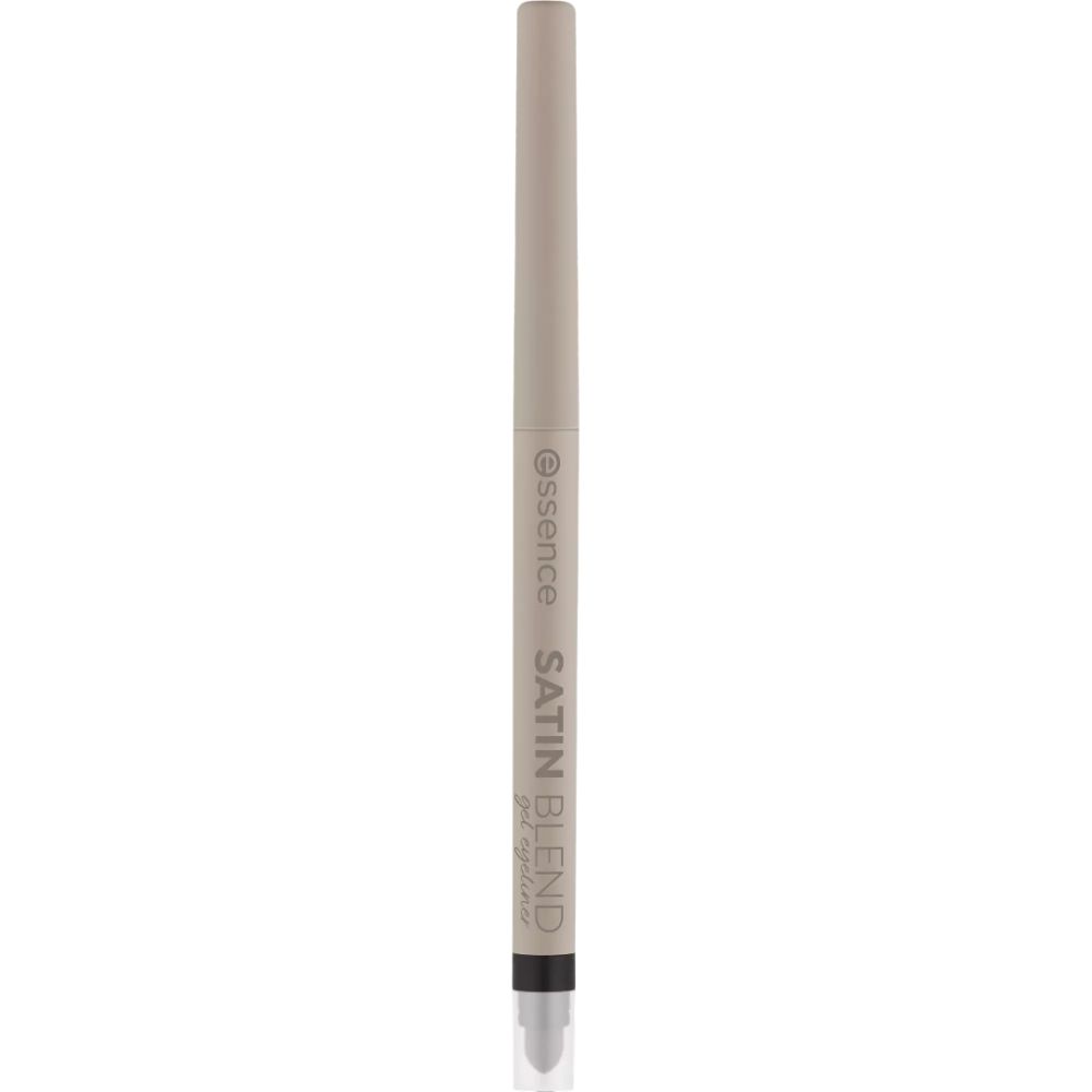 Crayon eyeliner beige à pointe noire. Le crayon porte l'inscription 'essence SATIN BLEND gel eyeliner'.