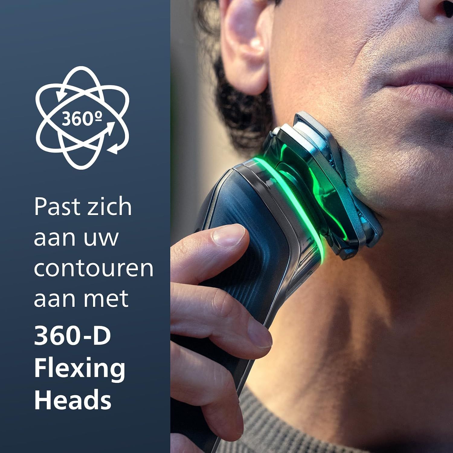 Elektrische scheerapparaat met 360-graden flexibele scheerkoppen die gezichtscontouren volgen.