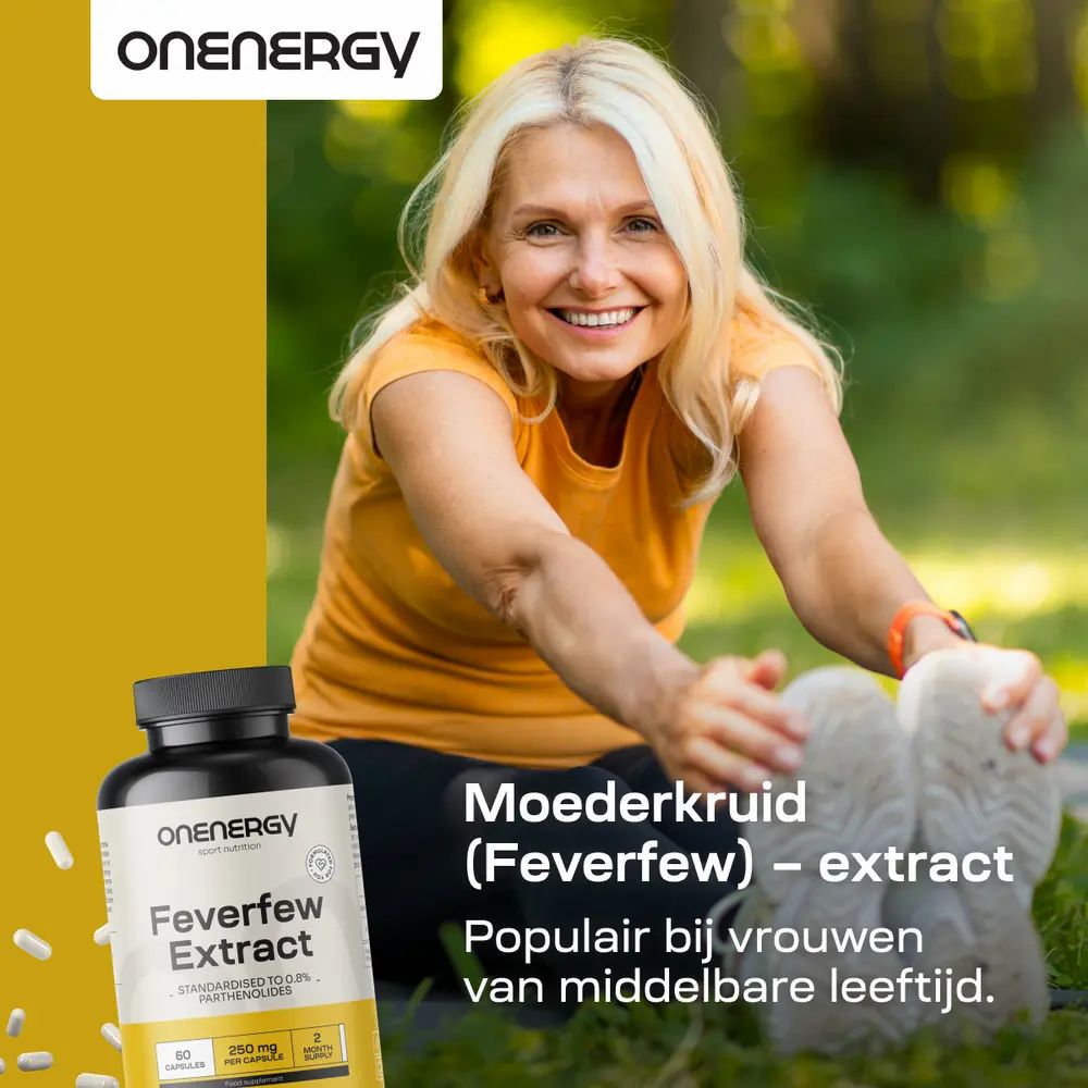 Vrouw strekt zich buiten uit, naast een fles OnEnergy Moederkruid extract.