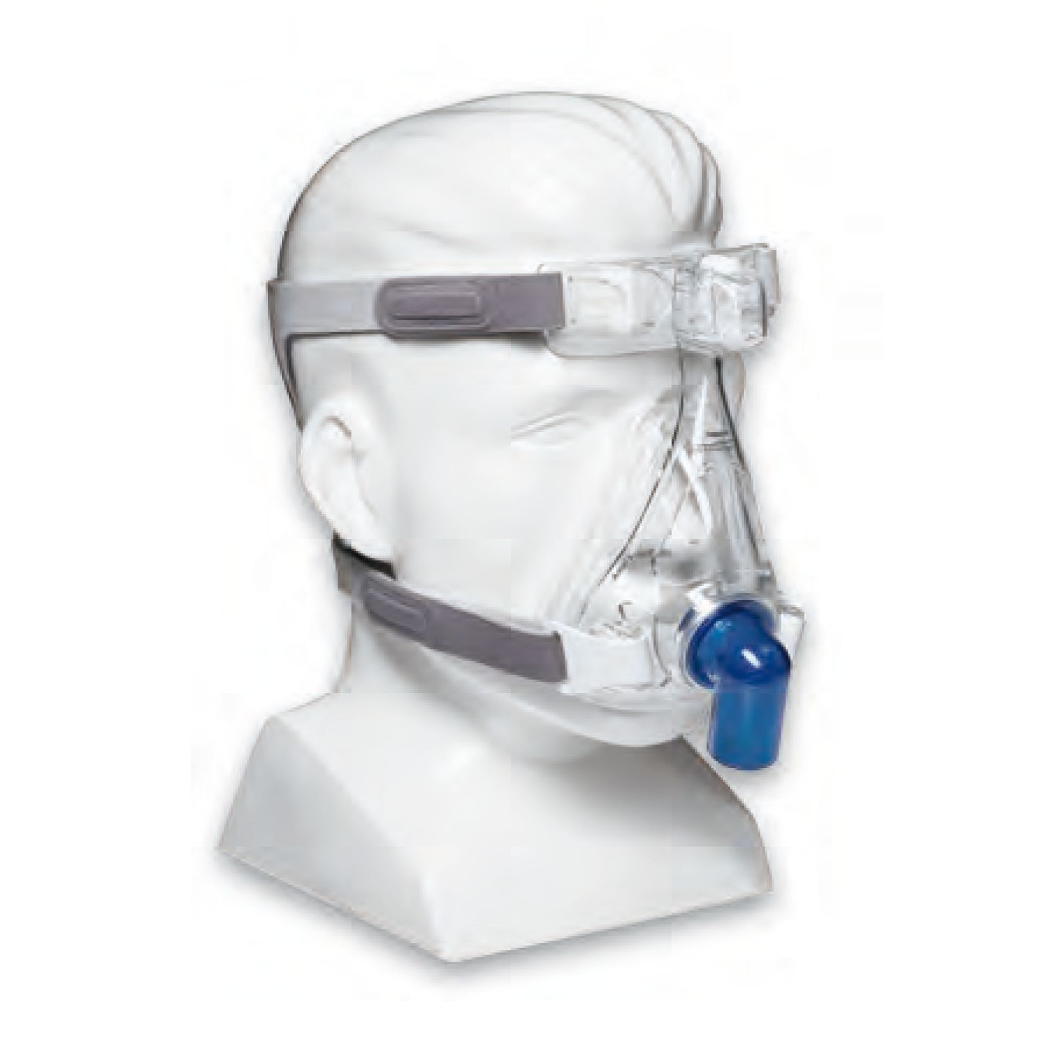 Masque CPAP buccal et nasal transparent avec connecteur bleu et bandeau, sur un mannequin blanc.