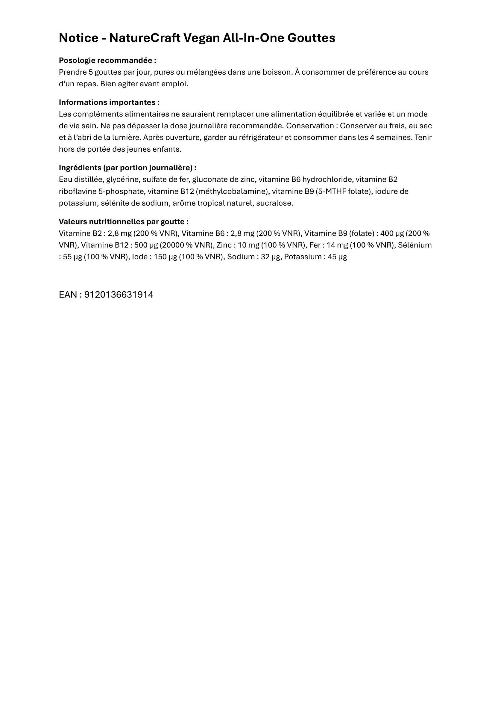 Notice avec informations sur les gouttes NatureCraft Vegan All-in-One. Dosage, ingrédients, valeurs nutritionnelles.