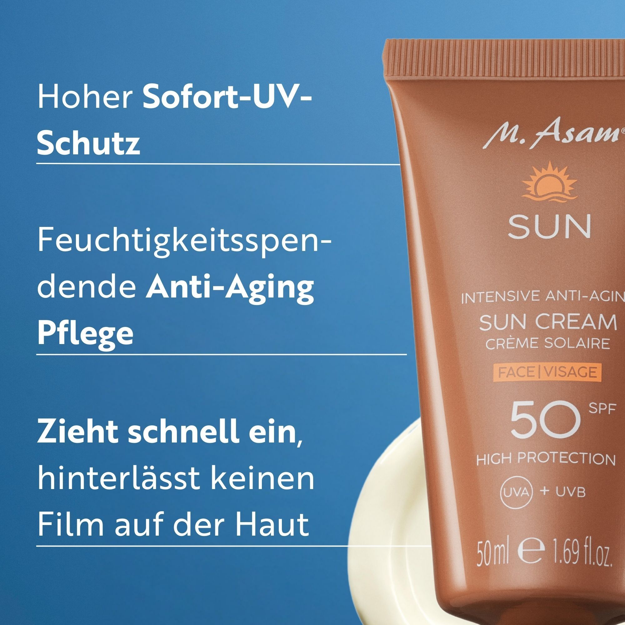 Tube de produit avec texte : M. Asam SUN, Intensive Anti-Aging Sun Cream, SPF 50. Texte : Haute protection UV immédiate, hydratation.