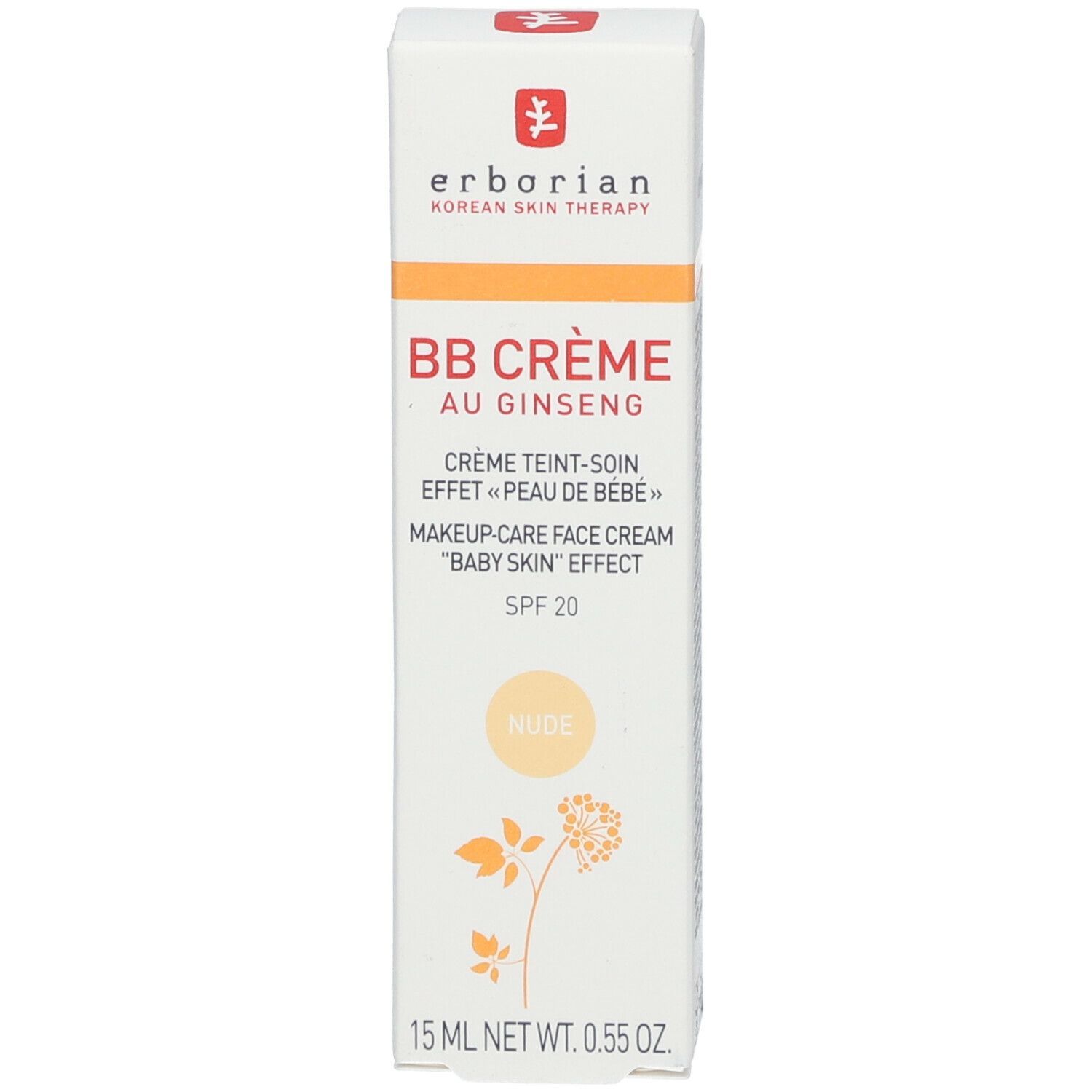 Productverpakking. Opschrift: BB Crème au Ginseng, SPF 20, Nude. Merk: Erborian.