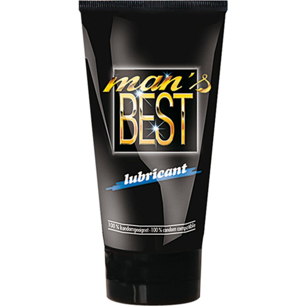 Tube noire avec logo doré "man's BEST" et texte bleu "lubricant". Texte: 100% compatible avec les préservatifs.