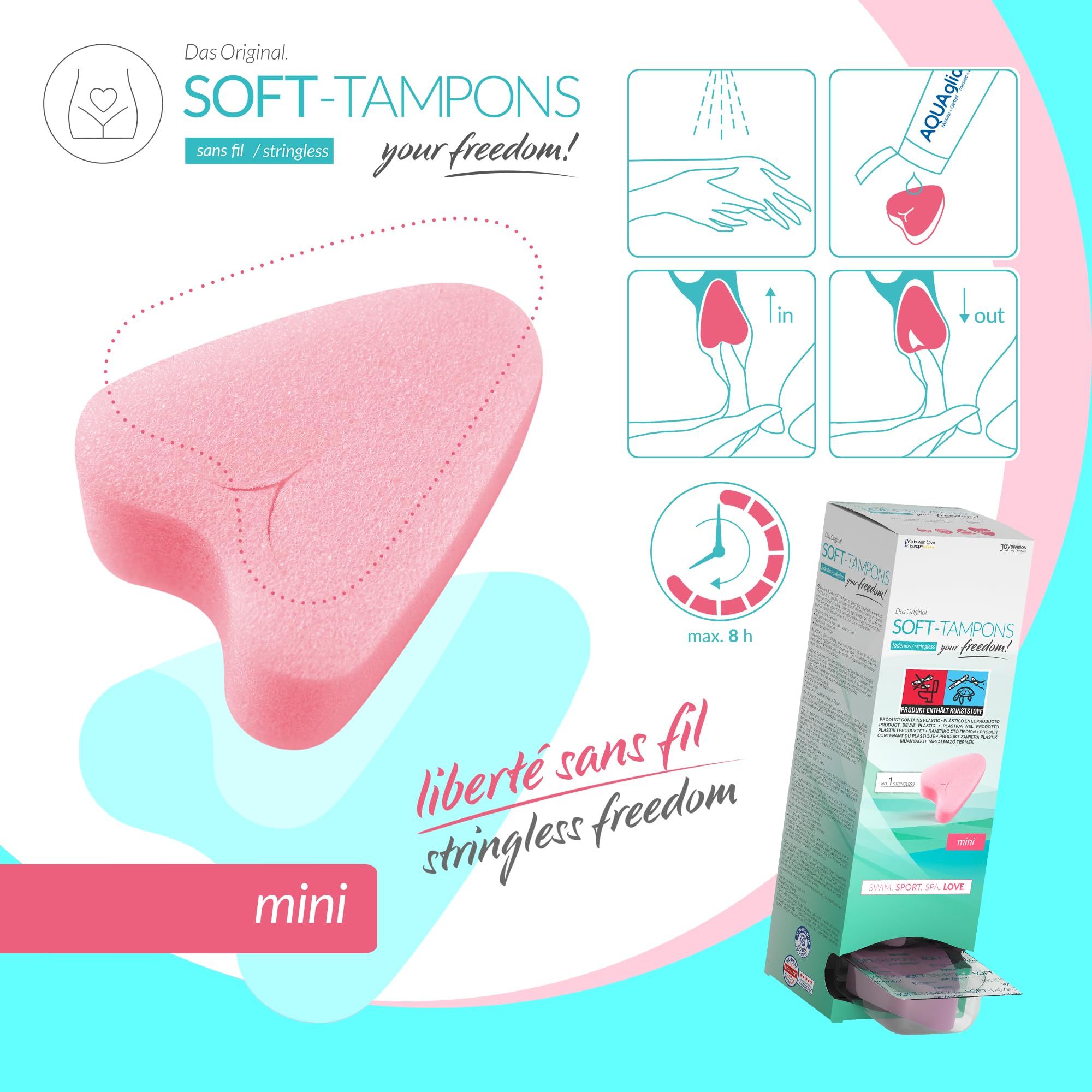 Boîte Soft Tampons mini, rose, en forme de cœur. Femme active.