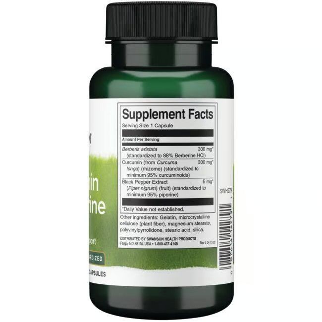 Achterkant van de groene fles. Bevat voedingsinformatie. Ingrediënten: Berberis, curcumine, zwarte peper. 60 capsules.