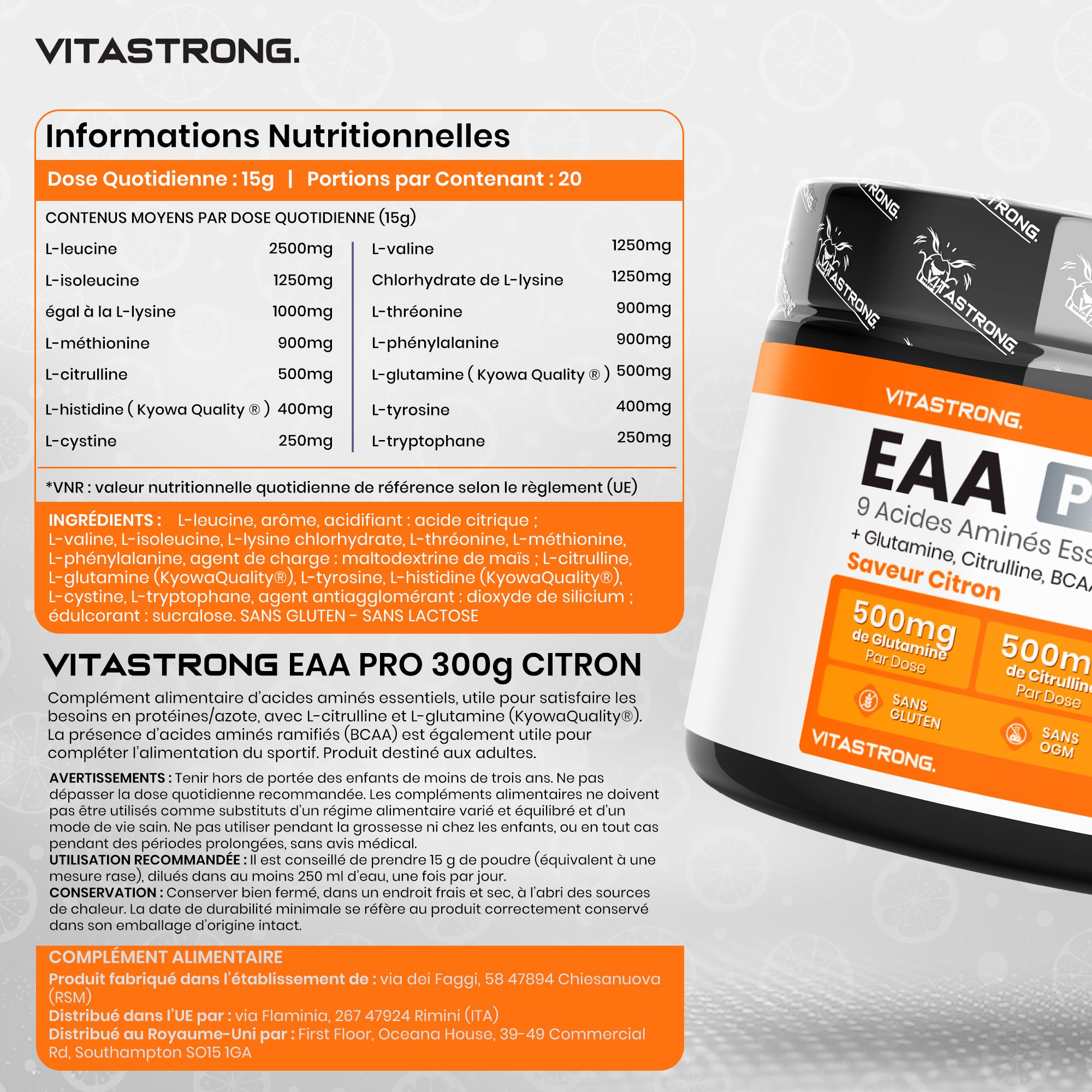 Vitastrong EAA PRO Citron. Pot de poudre. Texte: Formule de performance améliorée. Absorption rapide.