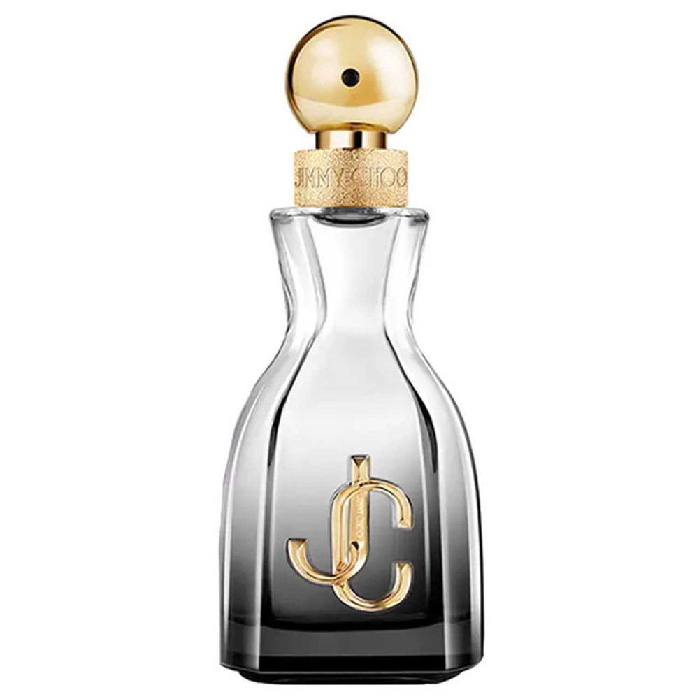 Flacon de parfum avec bouchon doré et logo. Dégradé de transparent à gris foncé.