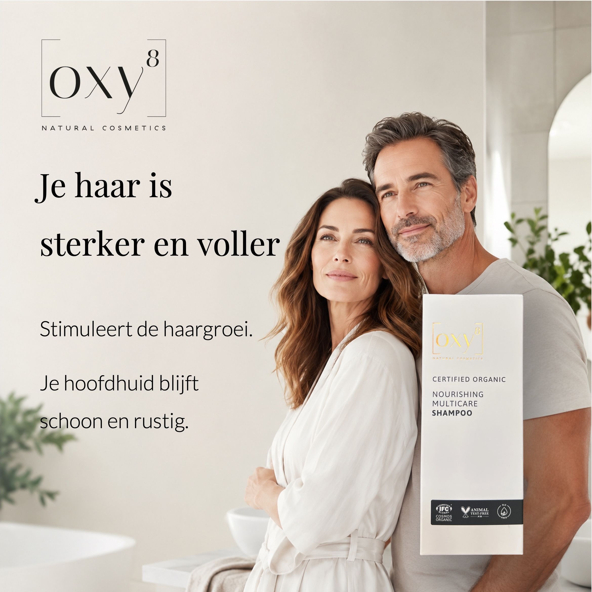 Reclame met man en vrouw. Productverpakking met tekst.