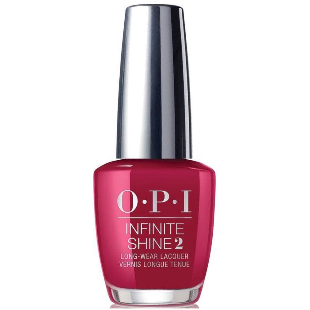 Flacon de vernis à ongles rouge avec bouchon argenté.  "O.P.I Infinite Shine 2" est inscrit sur le flacon.