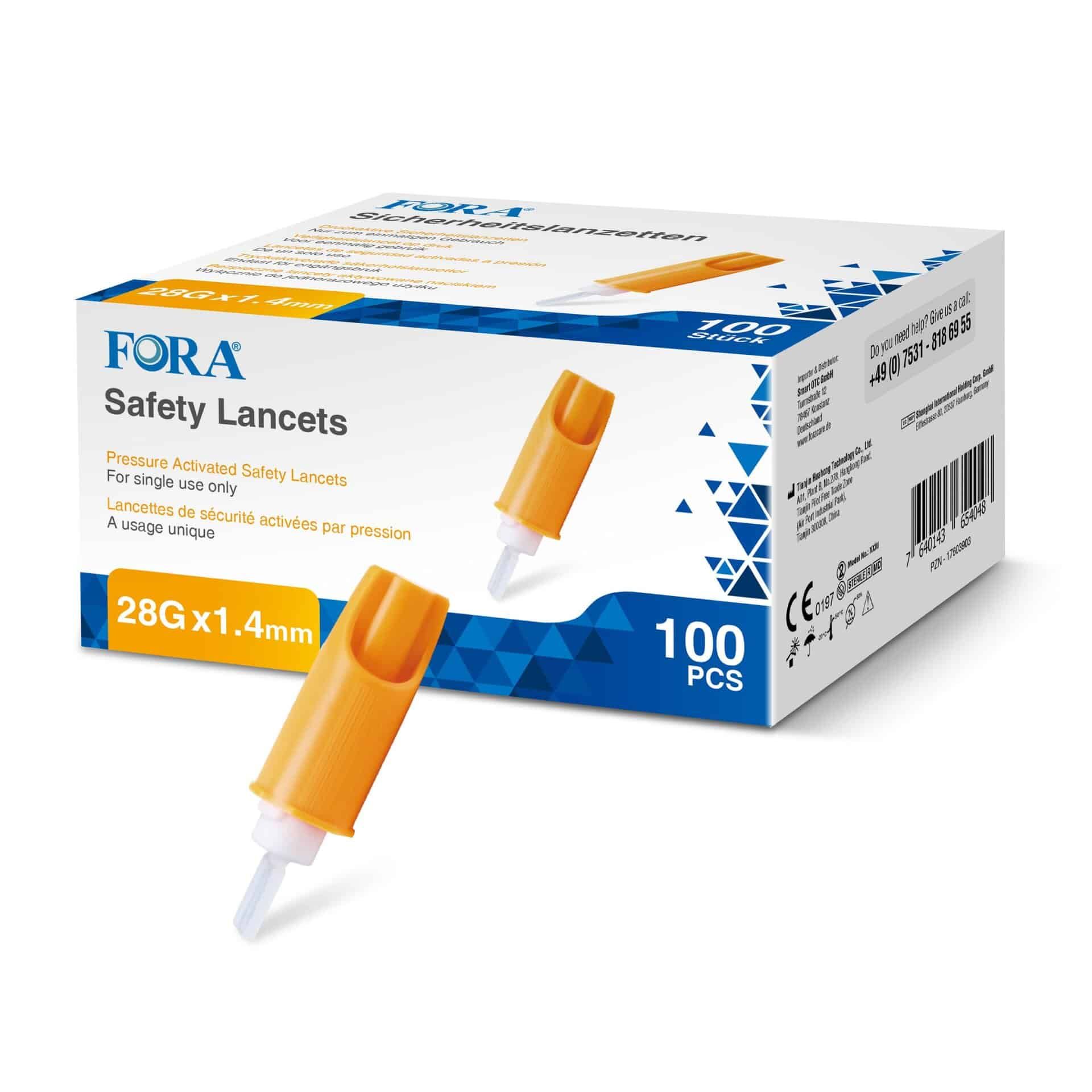 Lancettes de sécurité FORA 28G x 1.4mm, stériles. Une boîte de 100 pièces et deux lancettes individuelles sont visibles.