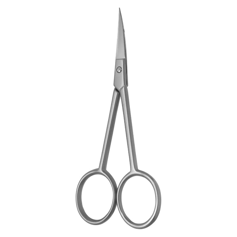 Petite paire de ciseaux argentés à bouts pointus et anneaux. En métal. Vue détaillée, sur fond blanc.