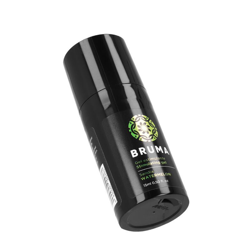 Bruma Stimulerende Gel, 15ml, watermeloen, zwarte fles met dispenser, schuin.
