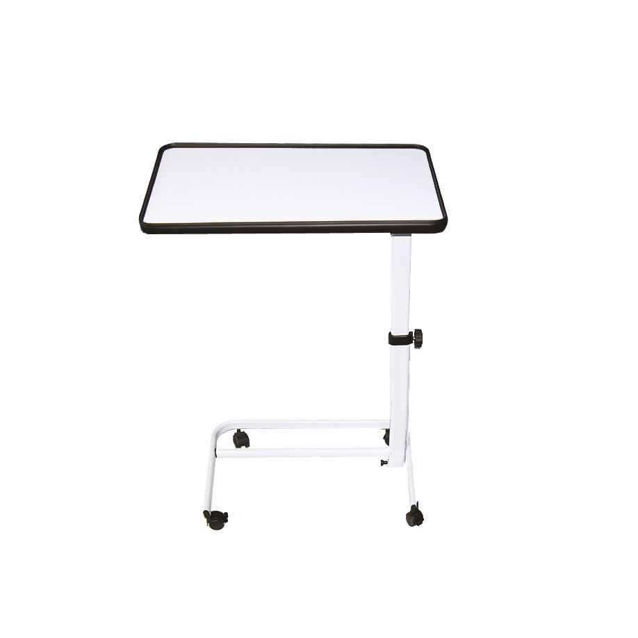 Table d'appoint ratiomed avec plateau blanc, réglable en hauteur et mobile.