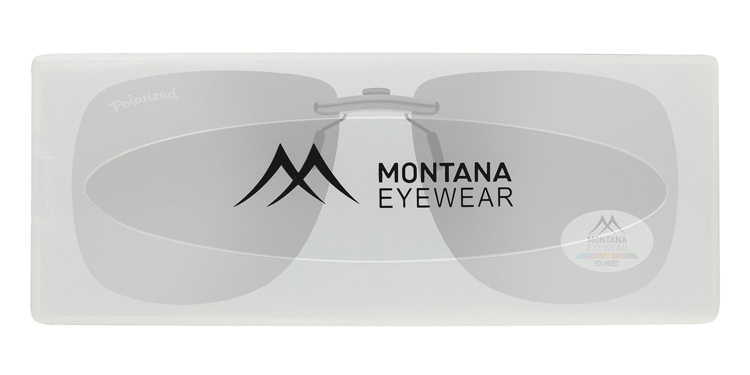 Clip-on solaire dans un étui transparent. Logo Montana Eyewear visible.