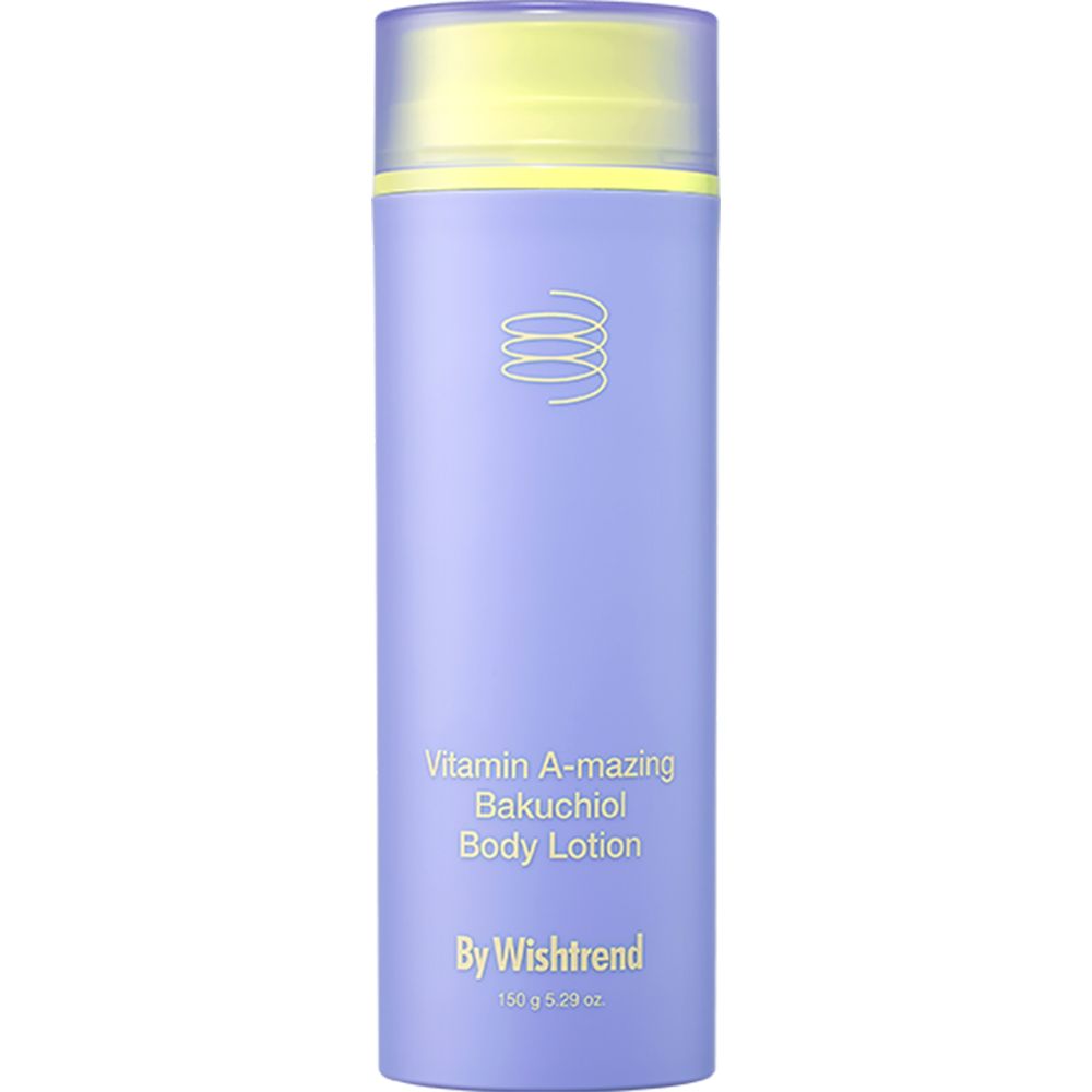Bouteille violette avec bouchon jaune. Texte visible sur la bouteille.