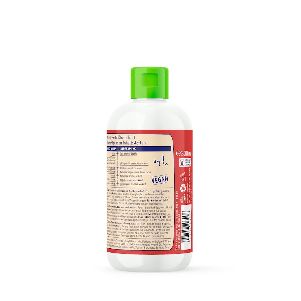 Achterkant van een witte fles met groene dop. Etiket met ingrediënten, instructies en Vegan-logo.