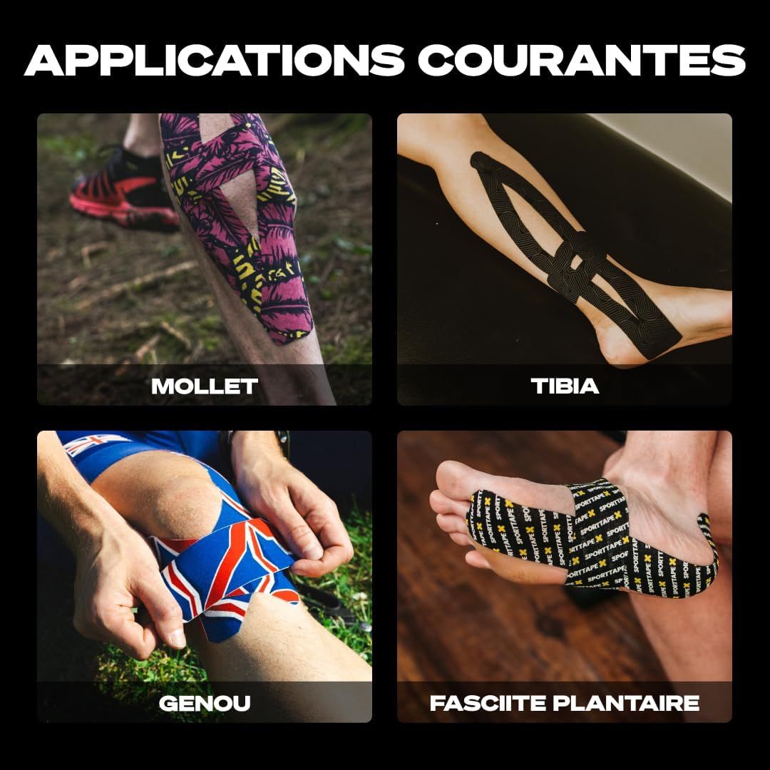 Applications de bande de kinésiologie : Mollet, tibia, genou et pied (fasciite plantaire).