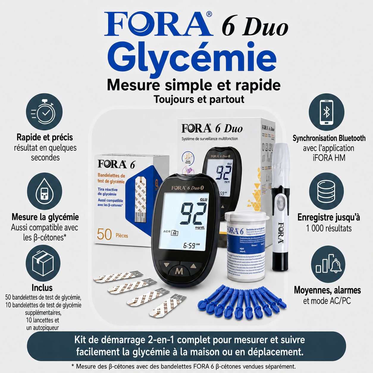 Kit glucomètre FORA 6 Duo : Comprend appareil, 50 bandelettes, 10 lancettes et autopiqueur.