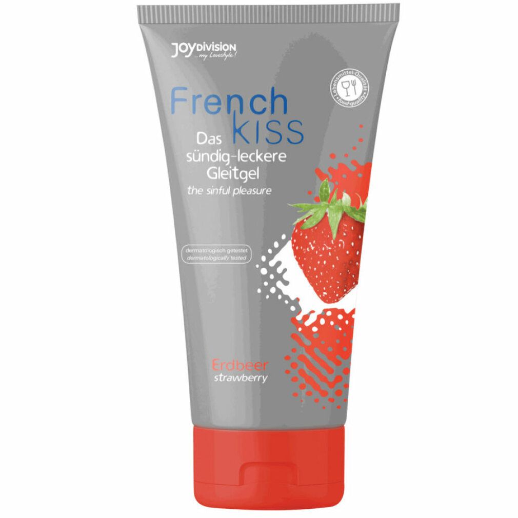 Tube gris avec bouchon rouge. Inscription: French Kiss, fraise. Illustration d'une fraise.