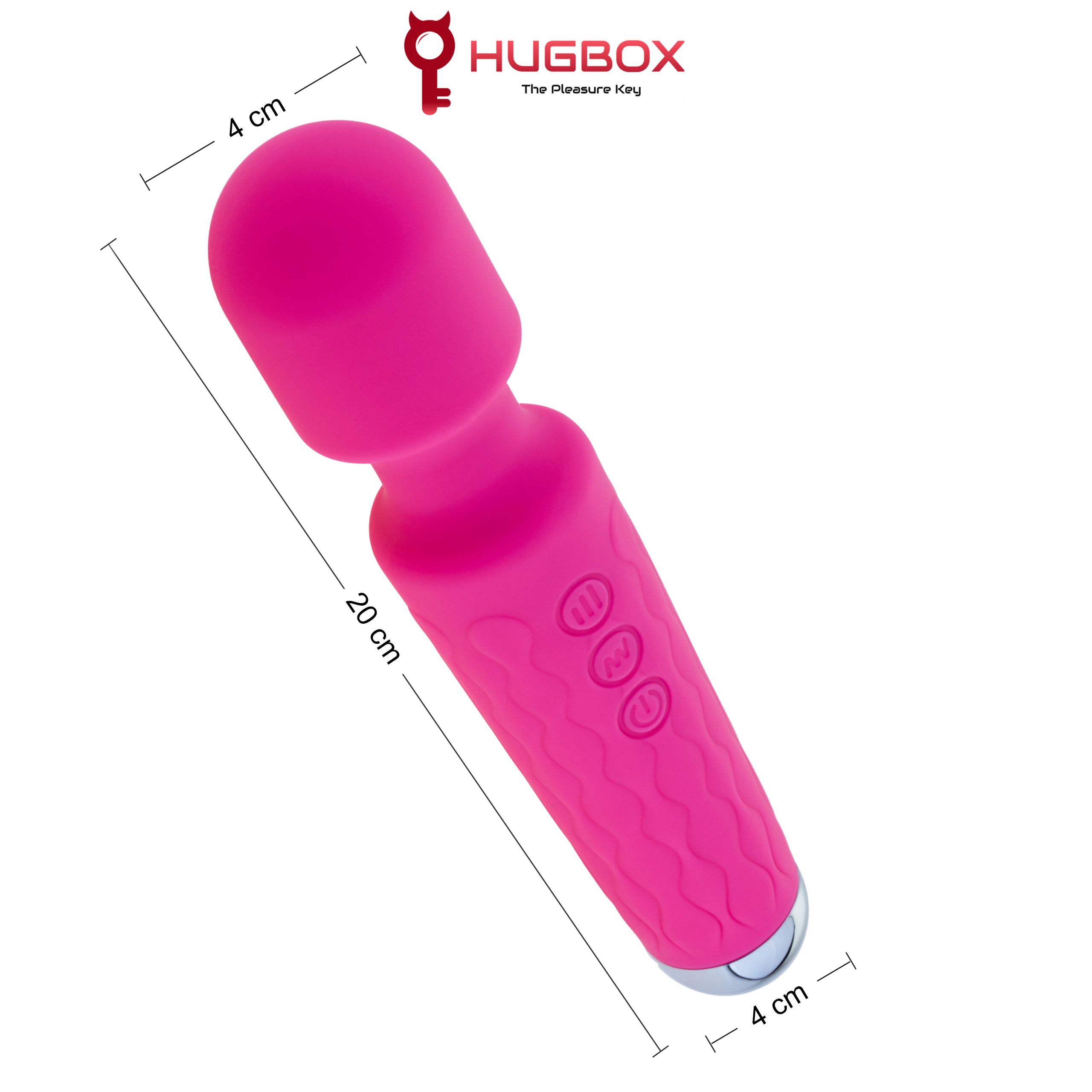 Vibrateur rose avec texture ondulée sur la poignée. Embout argenté. Dimensions : 20 cm de long, 4 cm de large. Logo HUGBOX.