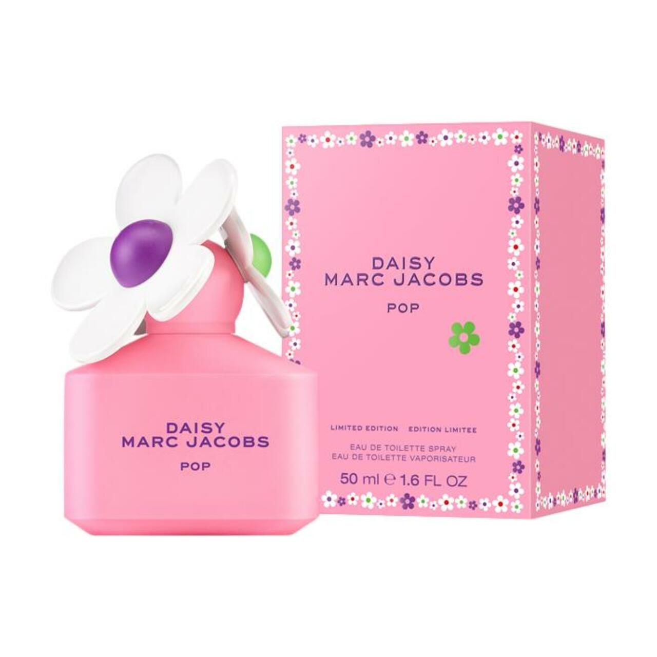 Roze fles met bloem naast roze verpakking. Opschrift: Daisy Marc Jacobs Pop. 50 ml.