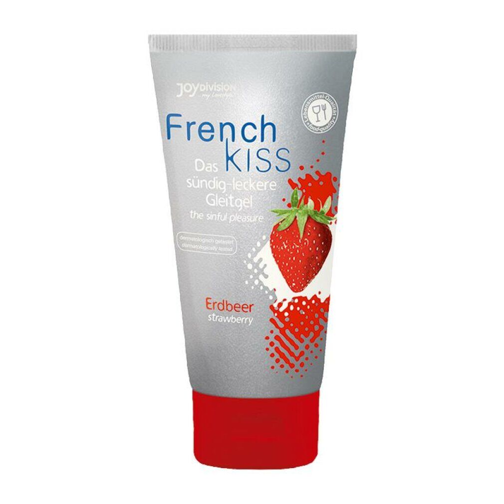 Tube gris avec bouchon rouge. Inscription: French Kiss, fraise. Illustration d'une fraise.