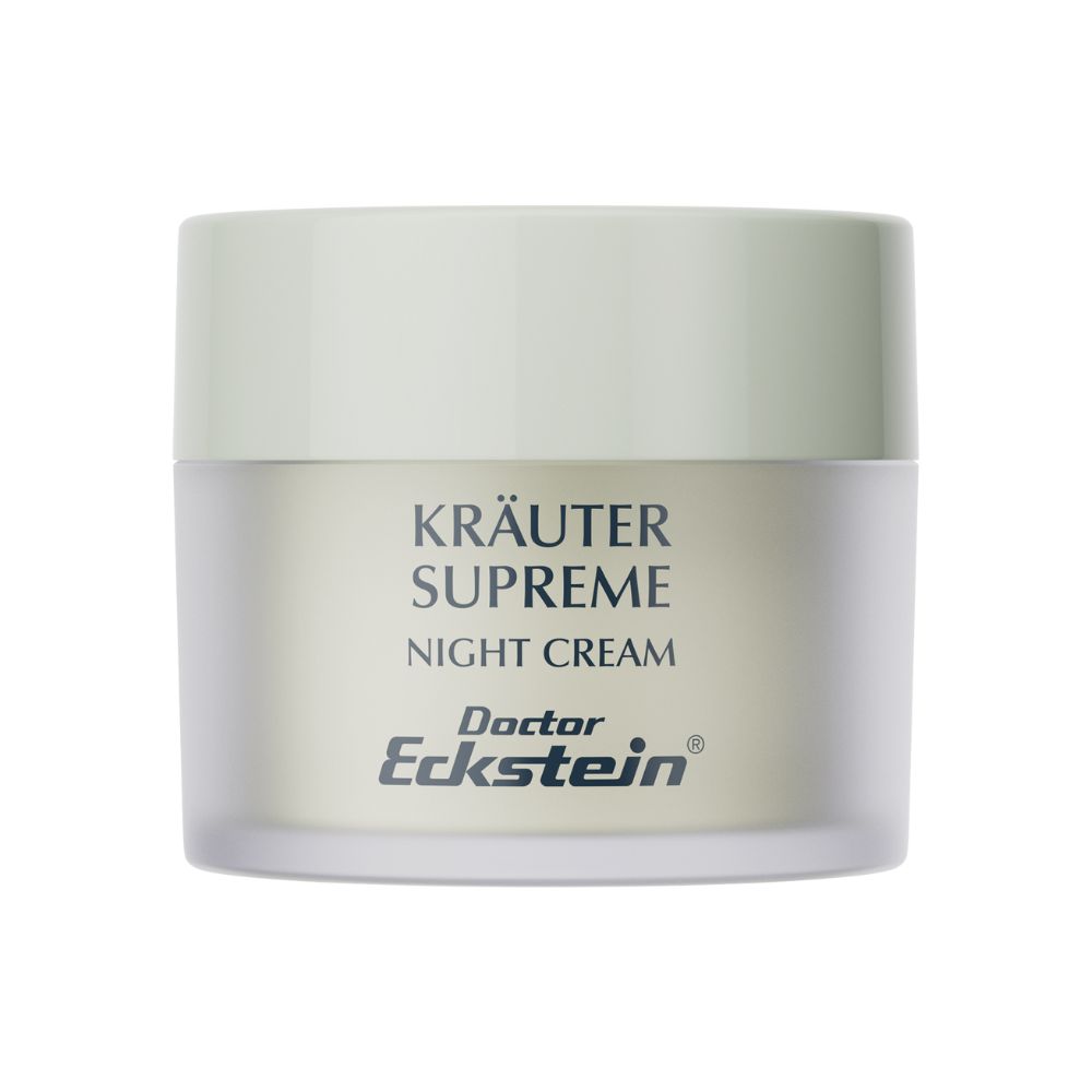 Crèmepot met deksel. Opschrift: Kräuter Supreme Night Cream. Merk: Doctor Eckstein.
